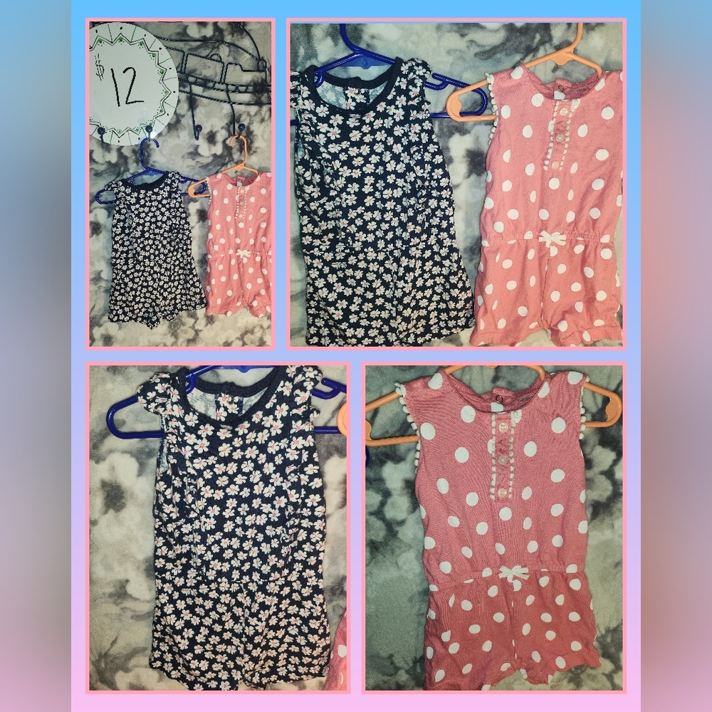 Carters 12 month Rompers 2 PC Set Floral Blue Pink Polka Dot Toddler 1 Year